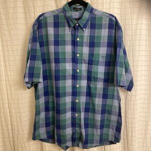 Burberrys Large Men’s Button Up Short Sleeve Blue Green Collared Office